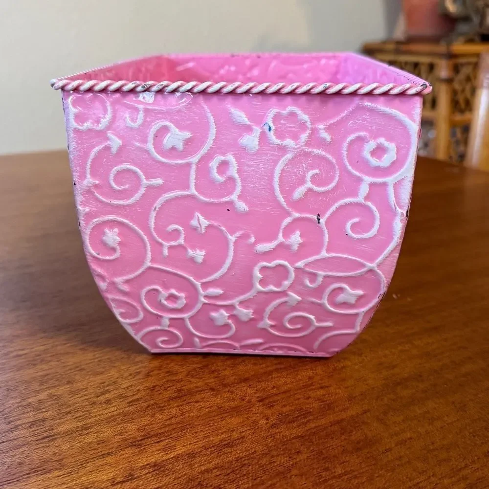 Pink Embossed Decorative Tin Planter Or Decorative Bin